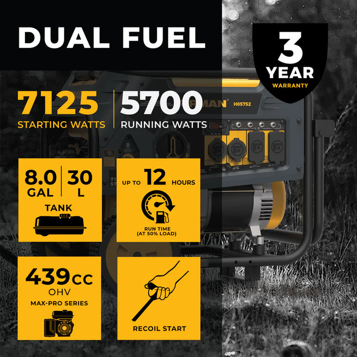 Firman Power Equipment H05752 7125W Dual Fuel Portable Generator with Recoil Start, 5700W Running, Gas or Propane, Wheel Kit