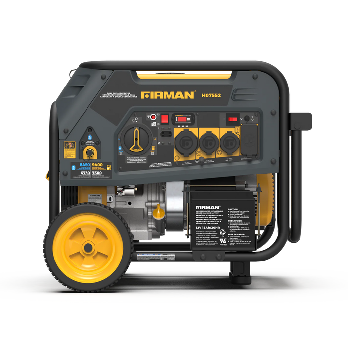 Firman Power Equipment H07552 Dual Fuel Portable Generator – 9,400 Start / 7,500 Run Watts (Gasoline or Propane), Electric Start, 50 A, Wheel‑Kit