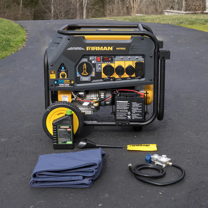Firman Power Equipment H07552 Dual Fuel Portable Generator – 9,400 Start / 7,500 Run Watts (Gasoline or Propane), Electric Start, 50 A, Wheel‑Kit