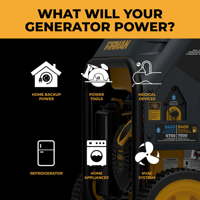 Firman Power Equipment H07553 9400W Dual Fuel Portable Generator with Electric Start, 120/240V, CO Alert, Wheel Kit