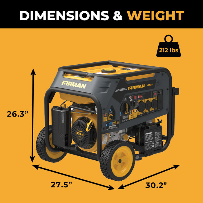 Firman Power Equipment H07553 9400W Dual Fuel Portable Generator with Electric Start, 120/240V, CO Alert, Wheel Kit