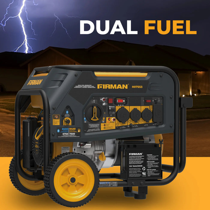 Firman Power Equipment H07553 9400W Dual Fuel Portable Generator with Electric Start, 120/240V, CO Alert, Wheel Kit