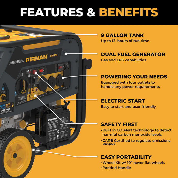 Firman Power Equipment H07553 9400W Dual Fuel Portable Generator with Electric Start, 120/240V, CO Alert, Wheel Kit
