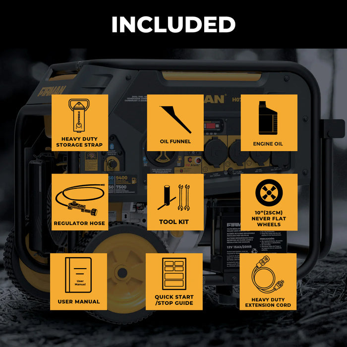 Firman Power Equipment H07553 9400W Dual Fuel Portable Generator with Electric Start, 120/240V, CO Alert, Wheel Kit