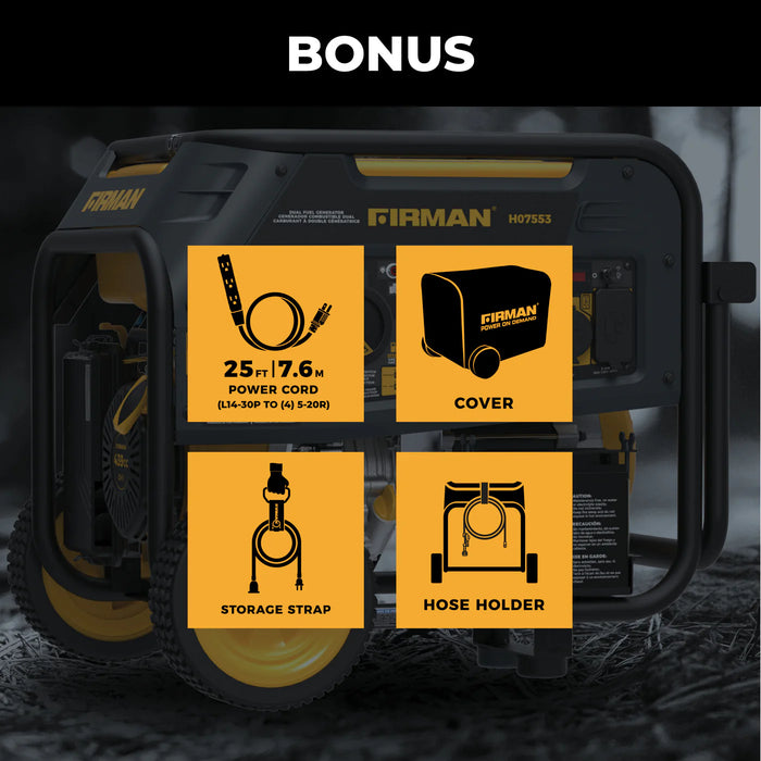 Firman Power Equipment H07553 9400W Dual Fuel Portable Generator with Electric Start, 120/240V, CO Alert, Wheel Kit