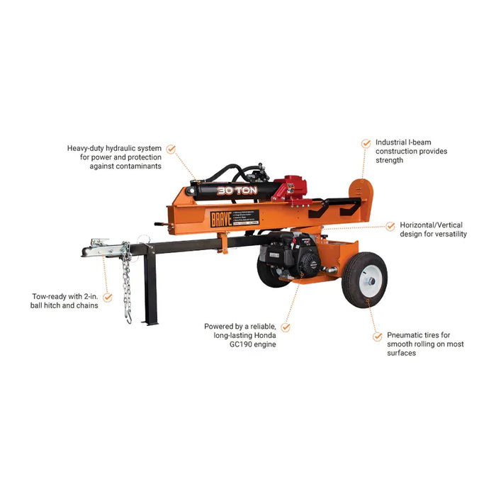 Brave VH1730GC 30‑Ton Tow‑Behind Log Splitter – Honda GC190, Horizontal/Vertical Operation