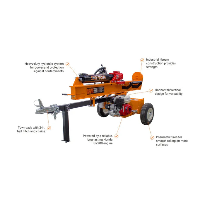 Brave VH1730GX 30‑Ton Tow‑Behind Log Splitter – Honda GX200, Horizontal/Vertical Operation