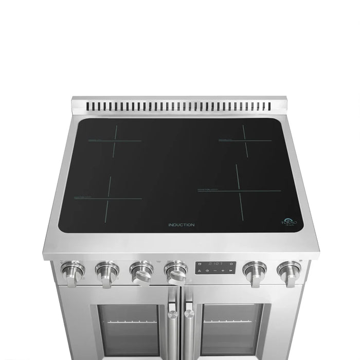 Forno Torino FFSIN0950-30 30" French Door Induction Range with Air Fryer and True Convection Oven – 8,800W Cooktop, 4.32 cu ft Oven, Stainless Steel