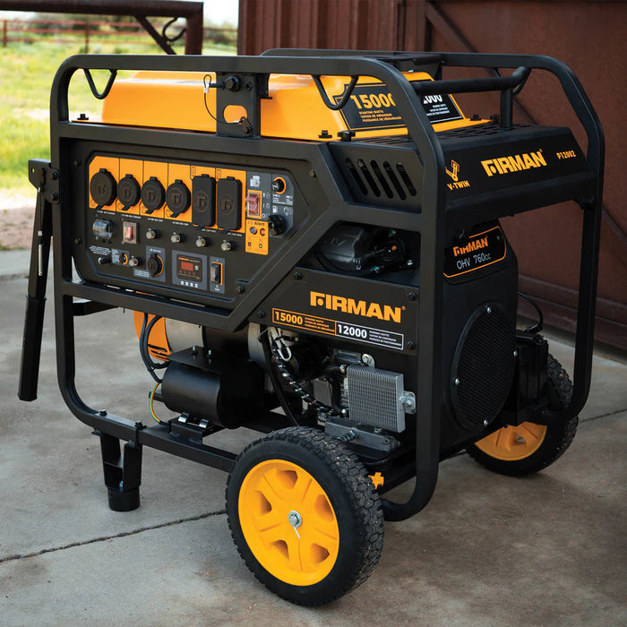 Firman Power Equipment P12002 Open Frame Portable Generator – 15,000 Starting Watts / 12,000 Running Watts, Electric Start, 120/240V, CO Alert, Wheel Kit