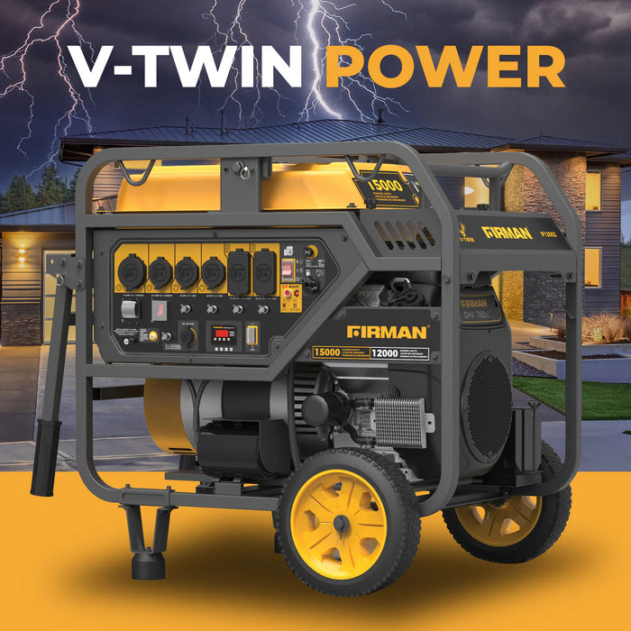 Firman Power Equipment P12002 Open Frame Portable Generator – 15,000 Starting Watts / 12,000 Running Watts, Electric Start, 120/240V, CO Alert, Wheel Kit