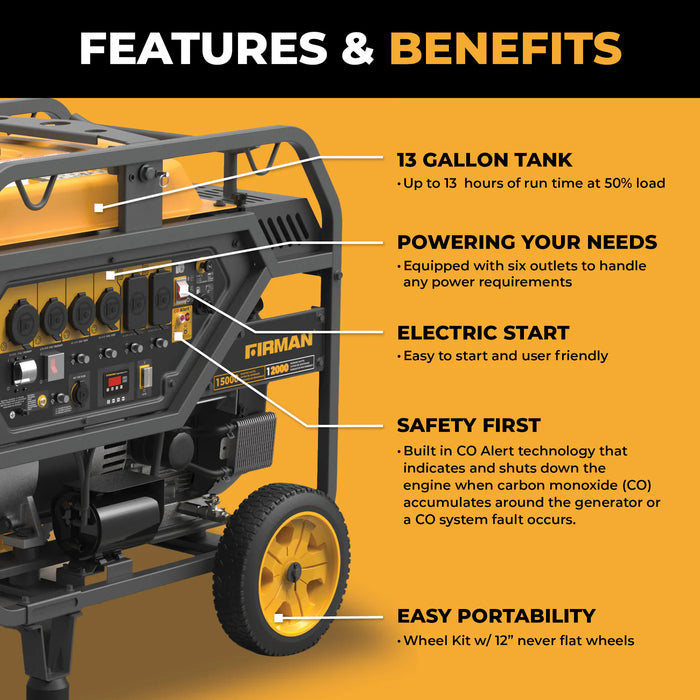Firman Power Equipment P12002 Open Frame Portable Generator – 15,000 Starting Watts / 12,000 Running Watts, Electric Start, 120/240V, CO Alert, Wheel Kit