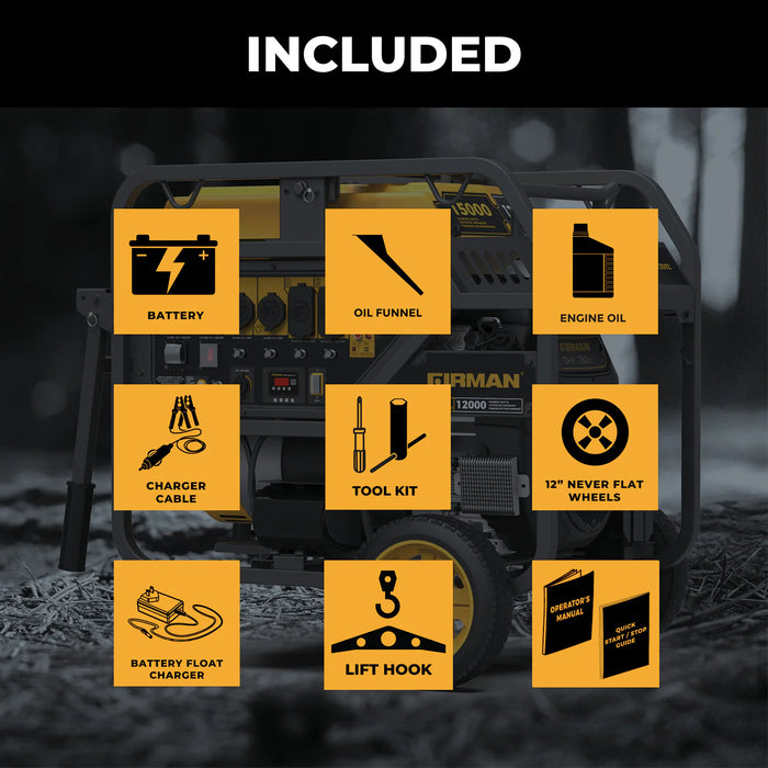 Firman Power Equipment P12002 Open Frame Portable Generator – 15,000 Starting Watts / 12,000 Running Watts, Electric Start, 120/240V, CO Alert, Wheel Kit