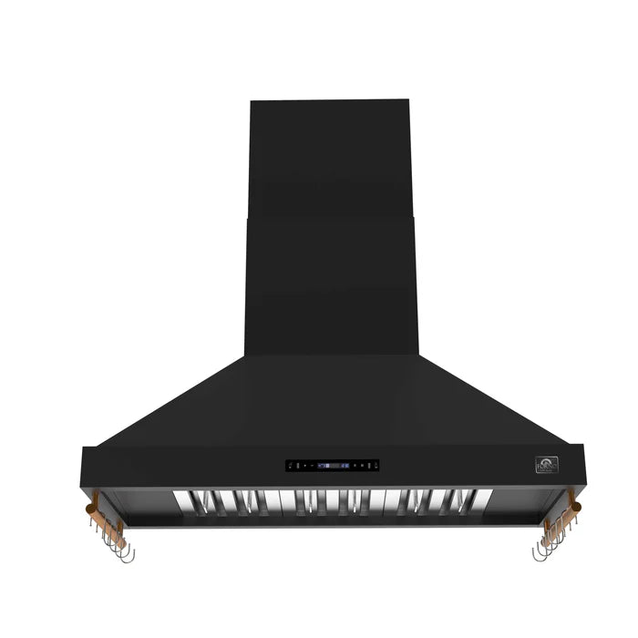Forno Venezia 48-Inch Wall-Mounted Range Hood in Black with Antique Brass Accessories, Touch Controls & Baffle Filters – FRHWM5503-48BLK