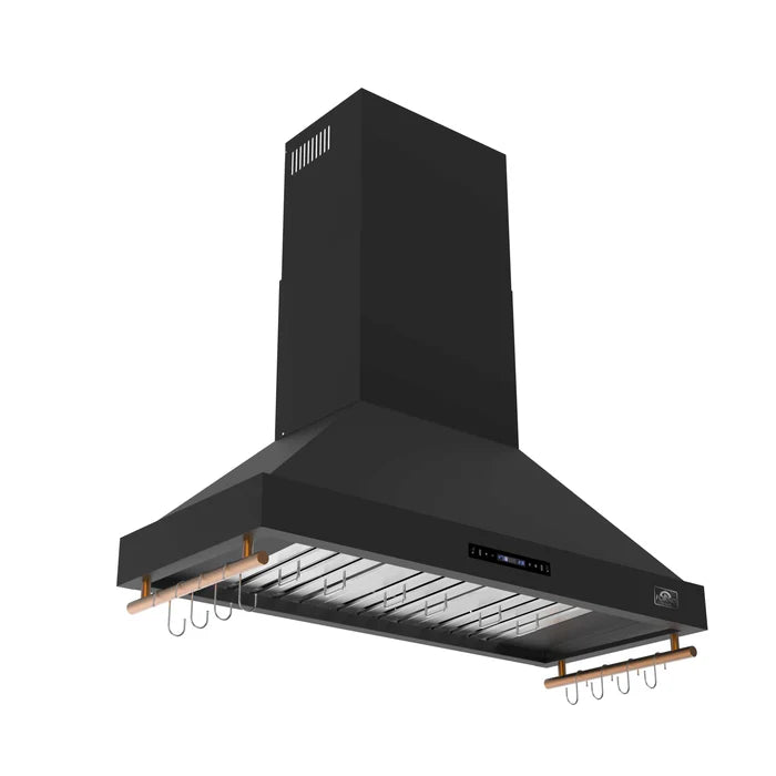 Forno Venezia 48-Inch Wall-Mounted Range Hood in Black with Antique Brass Accessories, Touch Controls & Baffle Filters – FRHWM5503-48BLK