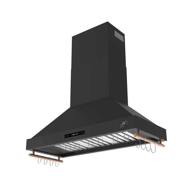 Forno Venezia 48-Inch Wall-Mounted Range Hood in Black with Antique Brass Accessories, Touch Controls & Baffle Filters – FRHWM5503-48BLK