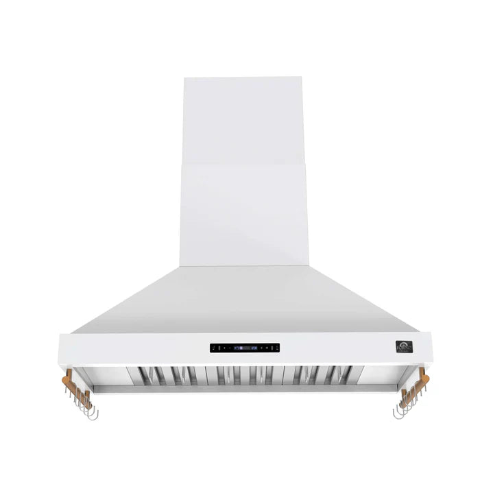 Forno Venezia 48-Inch Wall-Mounted Range Hood in White with Antique Brass Accessories, Touch Controls & Baffle Filters – FRHWM5503-48WHT