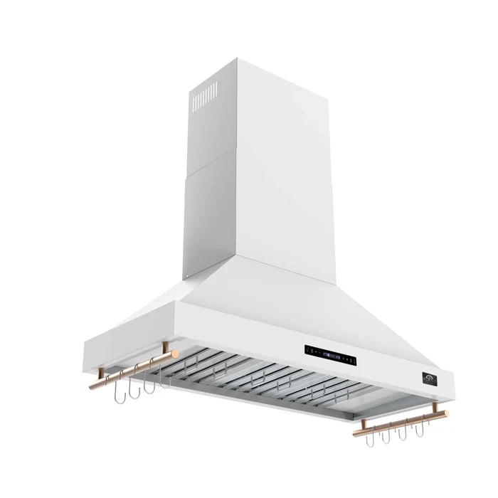 Forno Venezia 48-Inch Wall-Mounted Range Hood in White with Antique Brass Accessories, Touch Controls & Baffle Filters – FRHWM5503-48WHT