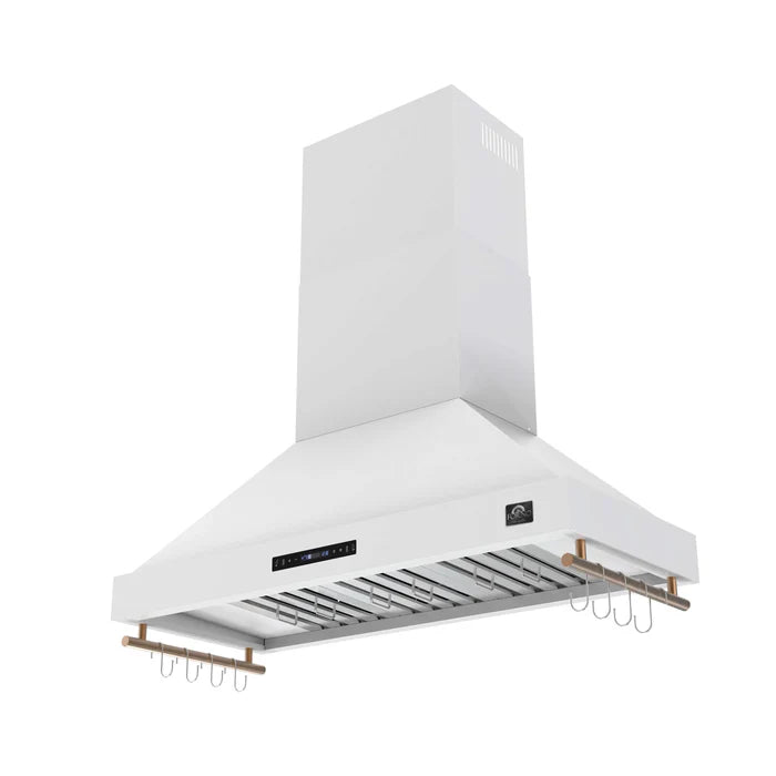 Forno Venezia 48-Inch Wall-Mounted Range Hood in White with Antique Brass Accessories, Touch Controls & Baffle Filters – FRHWM5503-48WHT