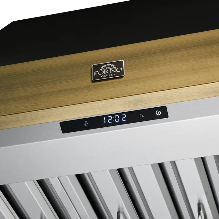Forno Vittorio FRHWM5078-36BLK 36-Inch Wall Mount Range Hood – Black with Antique Brass Trim, 600 CFM, Remote Control