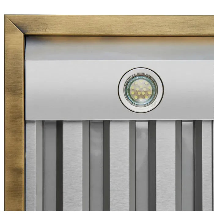 Forno Vittorio FRHWM5078-36BLK 36-Inch Wall Mount Range Hood – Black with Antique Brass Trim, 600 CFM, Remote Control