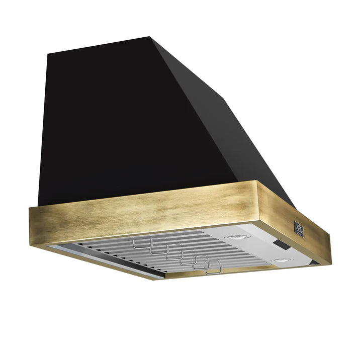 Forno Vittorio FRHWM5078-36BLK 36-Inch Wall Mount Range Hood – Black with Antique Brass Trim, 600 CFM, Remote Control