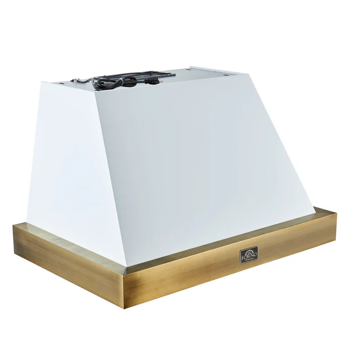 Forno Vittorio FRHWM5078-36WHT 36-Inch Wall Mount Range Hood – White with Antique Brass Trim, 600 CFM, Remote Control