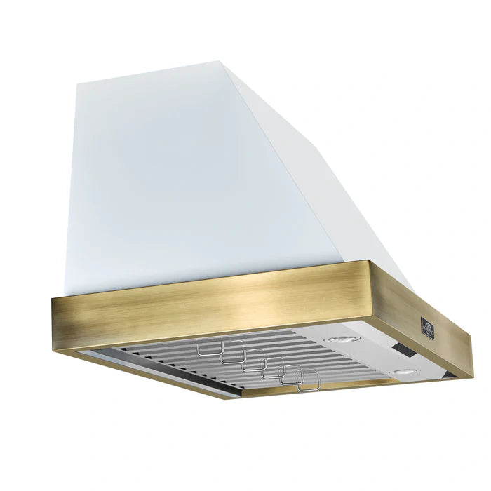 Forno Vittorio FRHWM5078-36WHT 36-Inch Wall Mount Range Hood – White with Antique Brass Trim, 600 CFM, Remote Control