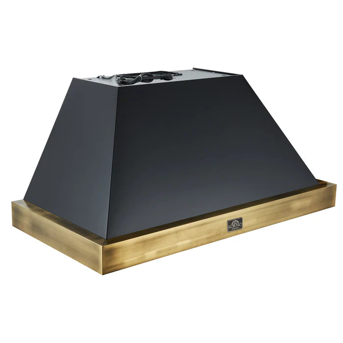 Forno Vittorio FRHWM5078-48BLK 48-Inch Wall Mount Range Hood – Black with Antique Brass Trim, 600 CFM, Remote Control