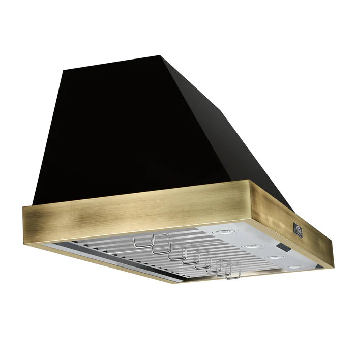 Forno Vittorio FRHWM5078-48BLK 48-Inch Wall Mount Range Hood – Black with Antique Brass Trim, 600 CFM, Remote Control
