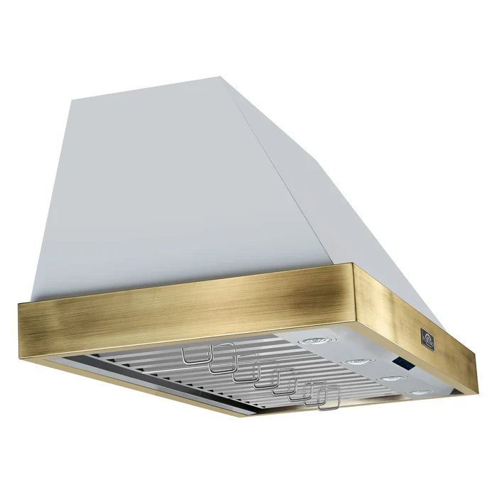 Forno Vittorio FRHWM5078-48WHT 48-Inch Wall Mount Range Hood – White with Antique Brass Trim, 600 CFM, Remote Control