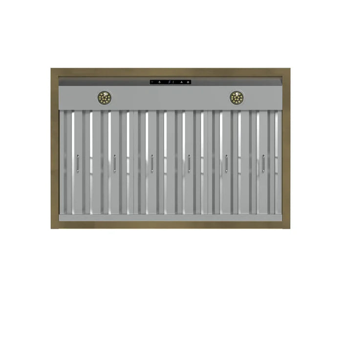 Forno Vittorio FRHWM5078-36BLK 36-Inch Wall Mount Range Hood – Black with Antique Brass Trim, 600 CFM, Remote Control