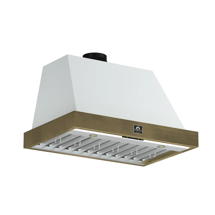 Forno Vittorio FRHWM5078-36WHT 36-Inch Wall Mount Range Hood – White with Antique Brass Trim, 600 CFM, Remote Control