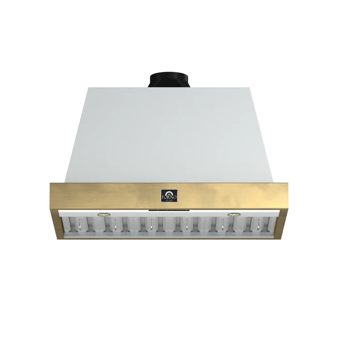 Forno Vittorio FRHWM5078-36WHT 36-Inch Wall Mount Range Hood – White with Antique Brass Trim, 600 CFM, Remote Control
