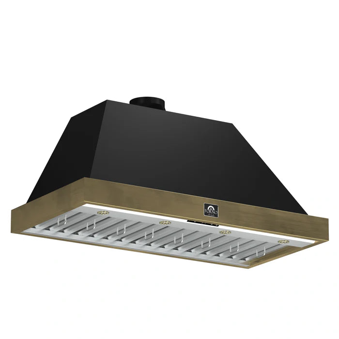 Forno Vittorio FRHWM5078-48BLK 48-Inch Wall Mount Range Hood – Black with Antique Brass Trim, 600 CFM, Remote Control