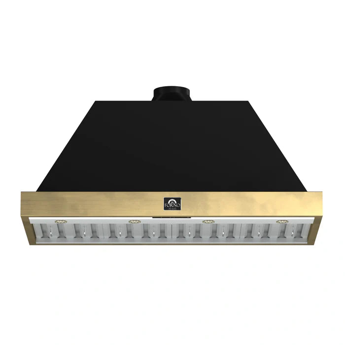 Forno Vittorio FRHWM5078-48BLK 48-Inch Wall Mount Range Hood – Black with Antique Brass Trim, 600 CFM, Remote Control