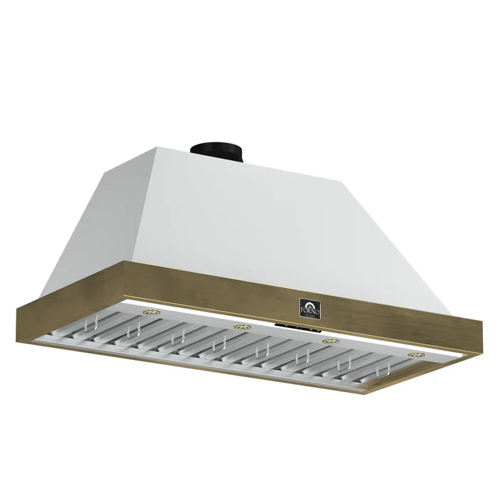 Forno Vittorio FRHWM5078-48WHT 48-Inch Wall Mount Range Hood – White with Antique Brass Trim, 600 CFM, Remote Control