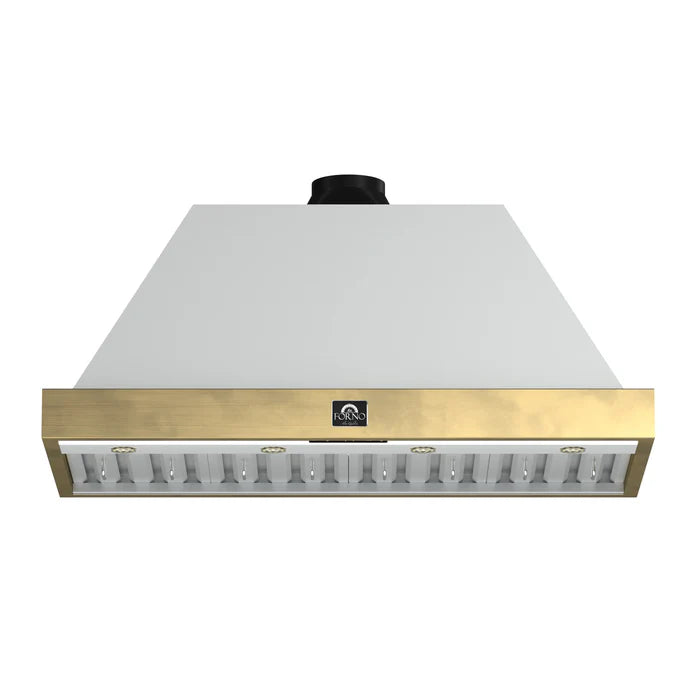 Forno Vittorio FRHWM5078-48WHT 48-Inch Wall Mount Range Hood – White with Antique Brass Trim, 600 CFM, Remote Control