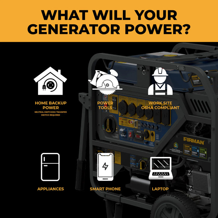 Firman Power Equipment T12071 Tri‑Fuel Portable Generator – 15,000 Peak / 12,000 Running Watts, Electric Start, Runs on Gasoline / LPG / Natural Gas, Wheel Kit Included