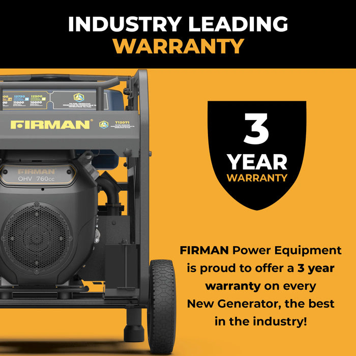 Firman Power Equipment T12071 Tri‑Fuel Portable Generator – 15,000 Peak / 12,000 Running Watts, Electric Start, Runs on Gasoline / LPG / Natural Gas, Wheel Kit Included