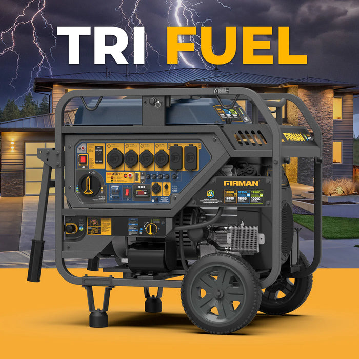 Firman Power Equipment T12071 Tri‑Fuel Portable Generator – 15,000 Peak / 12,000 Running Watts, Electric Start, Runs on Gasoline / LPG / Natural Gas, Wheel Kit Included