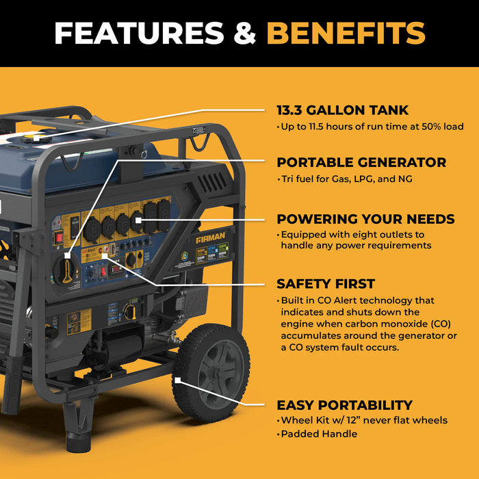 Firman Power Equipment T12071 Tri‑Fuel Portable Generator – 15,000 Peak / 12,000 Running Watts, Electric Start, Runs on Gasoline / LPG / Natural Gas, Wheel Kit Included