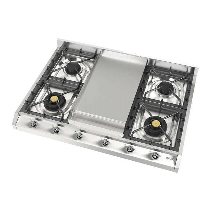Ilve UHCP965FNSSCLP 36 in Built-In Gas Cooktop with Griddle, Stainless Steel, 6 Burner, Natural Gas/LP Convertible