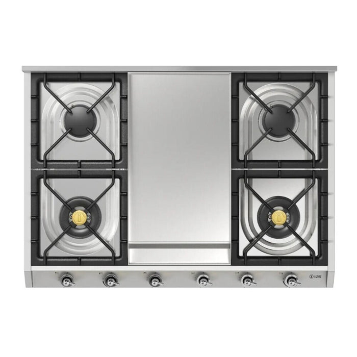 Ilve UHCP965FNSSCLP 36 in Built-In Gas Cooktop with Griddle, Stainless Steel, 6 Burner, Natural Gas/LP Convertible