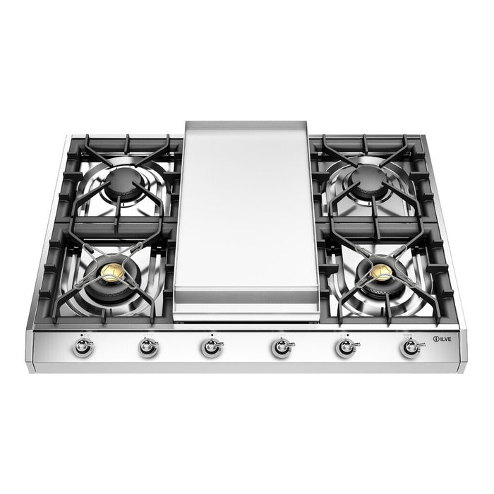 Ilve UHCP965FNSSCLP 36 in Built-In Gas Cooktop with Griddle, Stainless Steel, 6 Burner, Natural Gas/LP Convertible