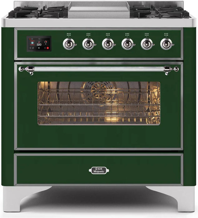 Ilve UM09FDNS3EGC Majestic II 36-Inch Freestanding Dual Fuel Range with 6 Sealed Black Brass Burners, Griddle, Electric Convection Oven, TFT Display, Warming Drawer – Emerald Green with Chrome Trim