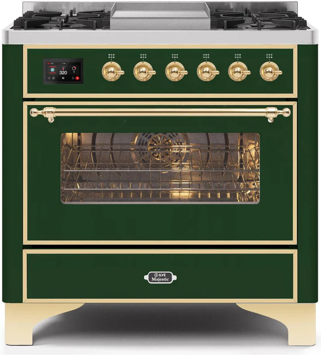 Ilve UM09FDNS3EGG Majestic II 36-Inch Freestanding Dual Fuel Range with 6 Sealed Black Brass Burners, Griddle, Electric Convection Oven, TFT Display, Warming Drawer – Emerald Green with Brass Trim
