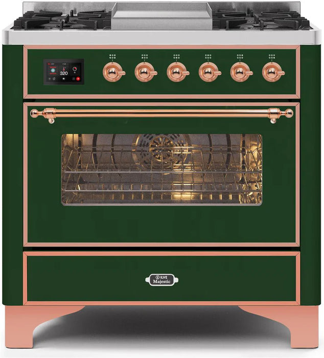 Ilve UM09FDNS3EGP Majestic II 36-Inch Freestanding Dual Fuel Range with 6 Sealed Black Brass Burners, Griddle, Electric Convection Oven, TFT Display, Warming Drawer – Emerald Green with Copper Trim