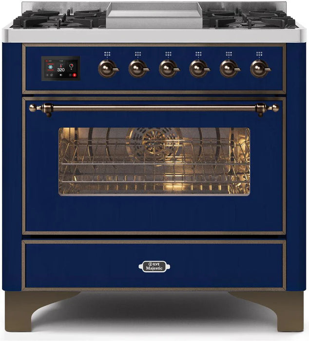 Ilve UM09FDNS3MBB Majestic II 36-Inch Freestanding Dual Fuel Range with 6 Sealed Black Brass Burners, Griddle, Electric Convection Oven, TFT Display, Warming Drawer – Midnight Blue with Burnished Trim