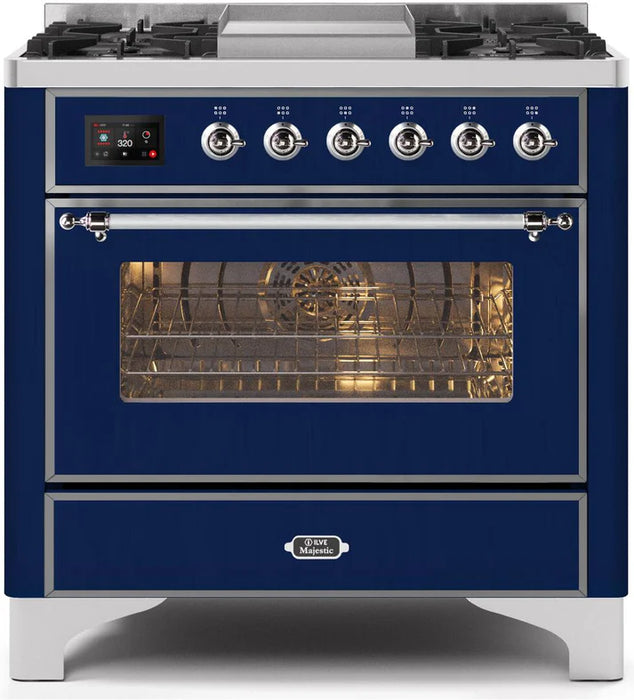 Ilve UM09FDNS3MBC Majestic II 36-Inch Freestanding Dual Fuel Range with 6 Sealed Black Brass Burners, Griddle, Electric Convection Oven, TFT Display, Warming Drawer – Midnight Blue with Chrome Trim