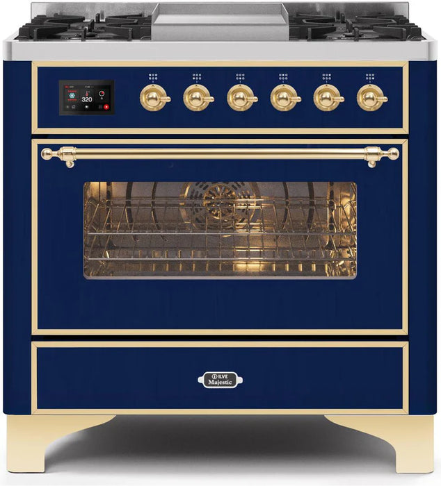 Ilve UM09FDNS3MBG Majestic II 36-Inch Freestanding Dual Fuel Range with 6 Sealed Black Brass Burners, Griddle, Electric Convection Oven, TFT Display, Warming Drawer – Midnight Blue with Brass Trim